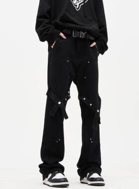 MADWITCH原创设计高街绑带微喇直筒裤牛仔裤男黑色休闲工装裤裤子