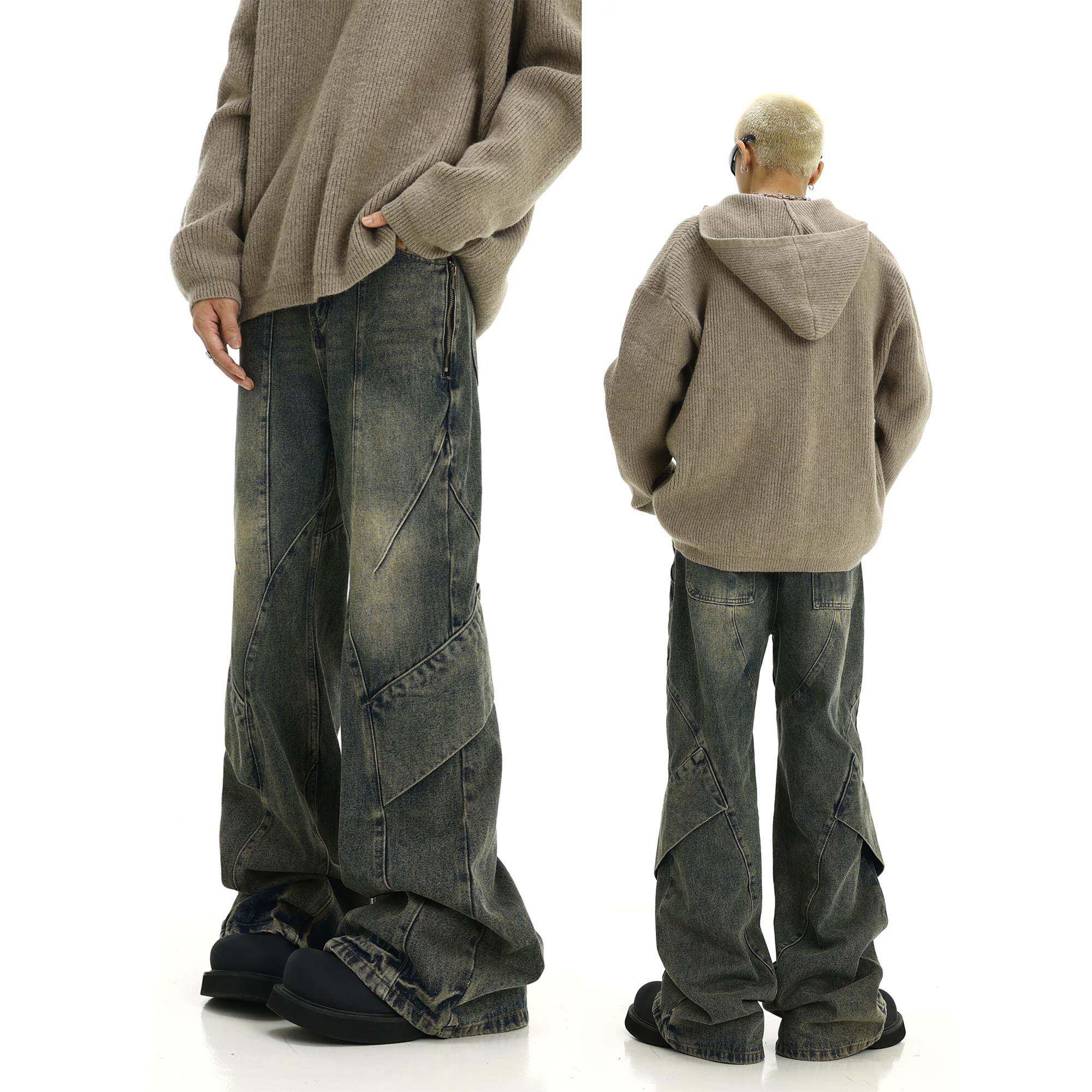 美式复古做旧水洗牛仔裤男高街设计感拼接不规则直筒阔腿微喇裤子