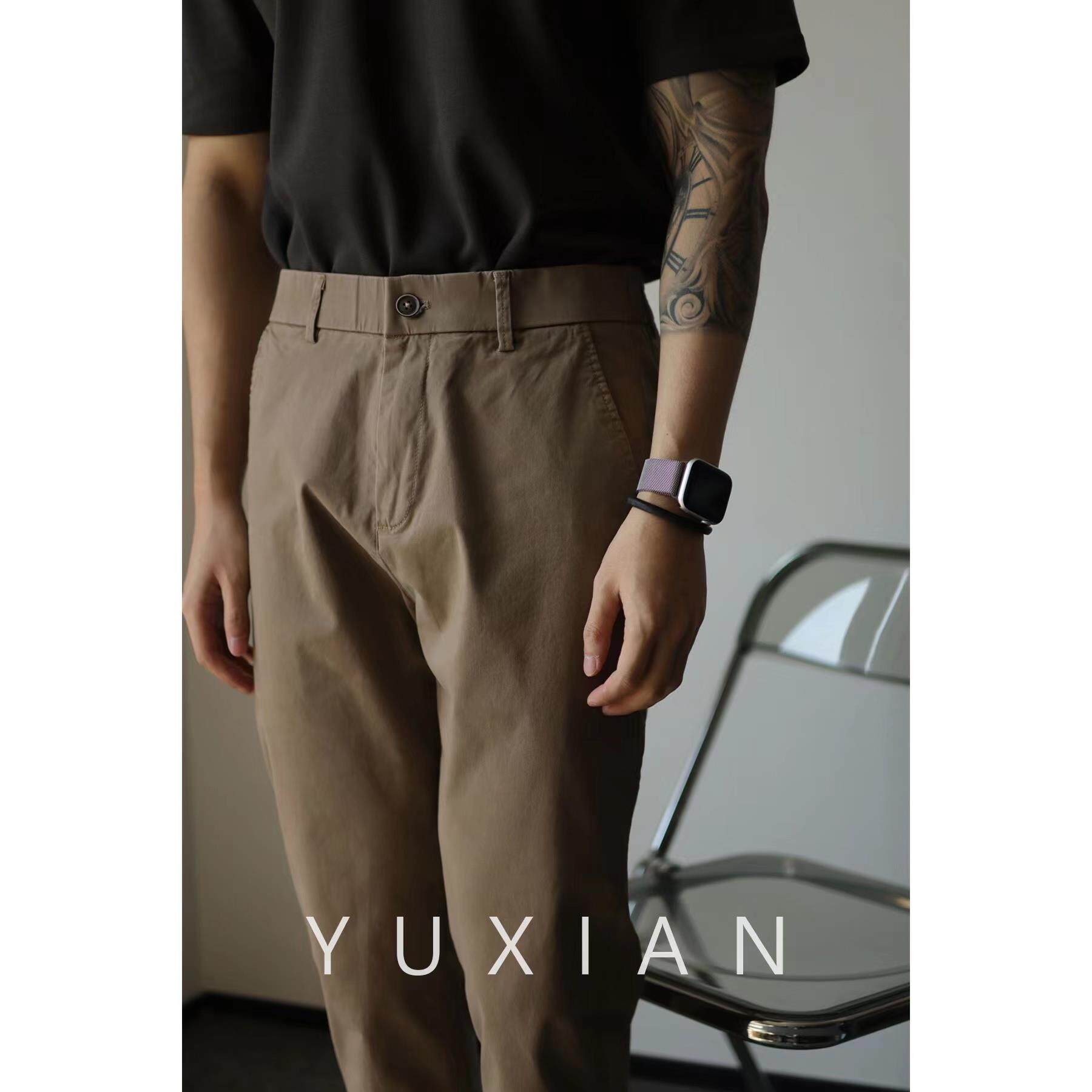 YUXIAN余闲纯棉微椎纯色休闲商务男修身九分长裤直筒百搭春秋季