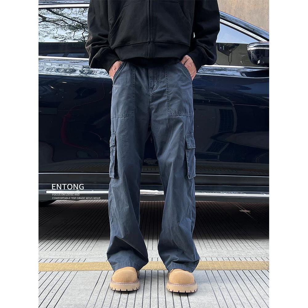 Entong美式覆古潮流藏蓝色工装牛仔裤男士高街百搭宽松直筒长裤子