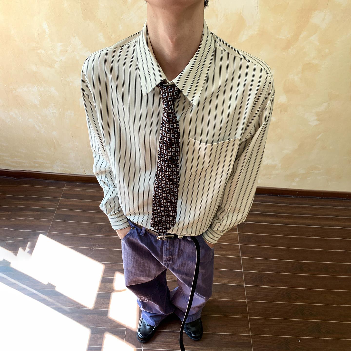 Oalin美式撞色条纹简约翻领衬衫男女高级感复古痞帅通勤长袖上衣