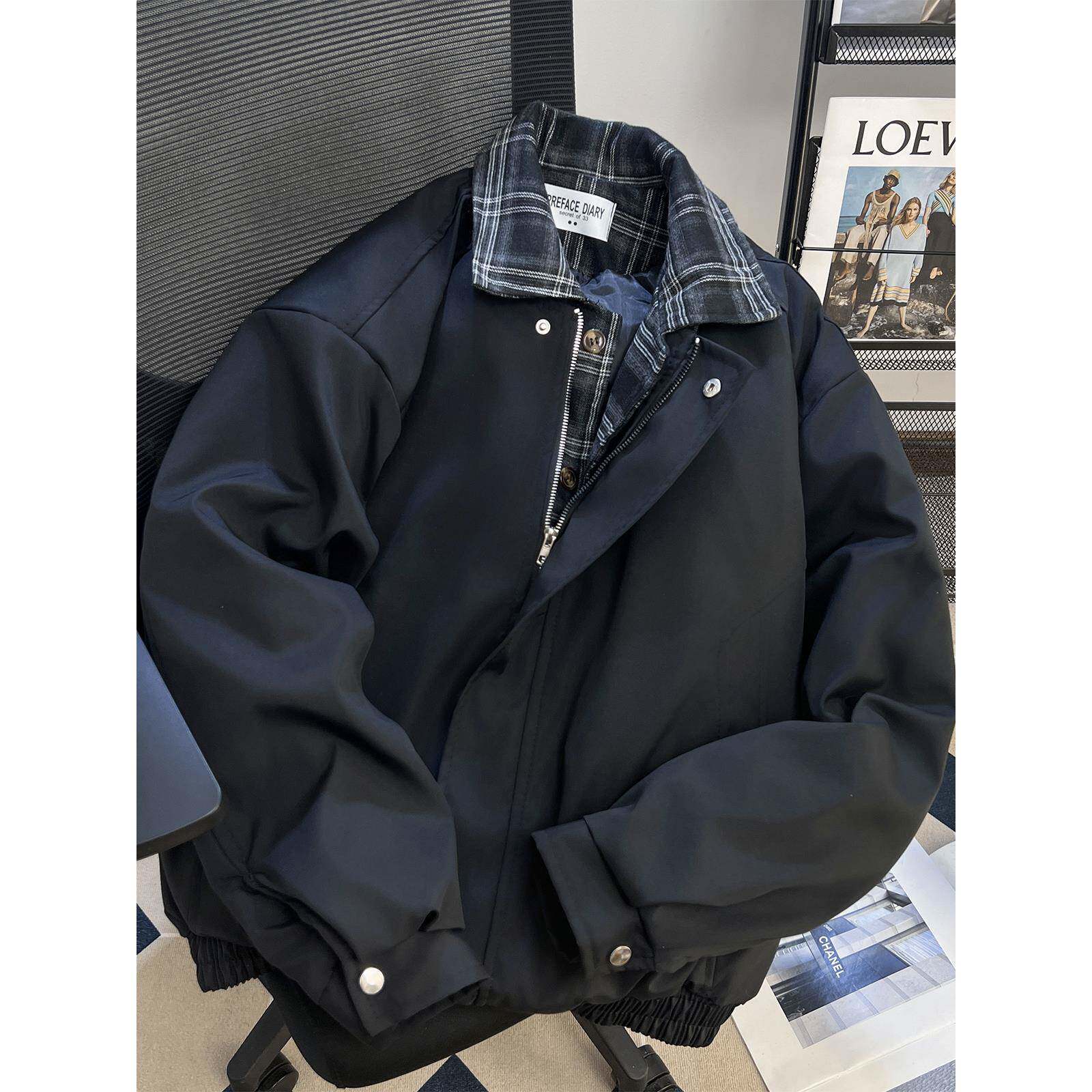 复古格纹拼接假两件棉服外套男女春秋冬季加厚保暖棒球服夹克翻领