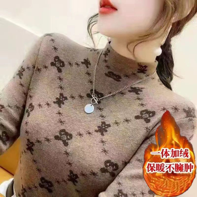 亏本特价清仓处理德绒一体半高领印花打底衫女冬装洋气2023年新款