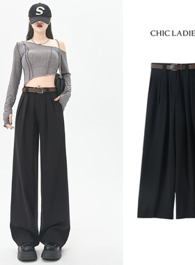 Chic高级感黑色西装休闲裤女小个子显瘦高腰垂感直筒窄版阔腿裤子