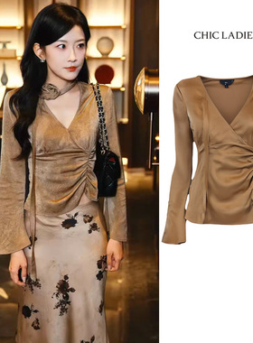 韩雨彤同款设计感飘带V领衬衫女秋季新款高级感气质短款长袖上衣