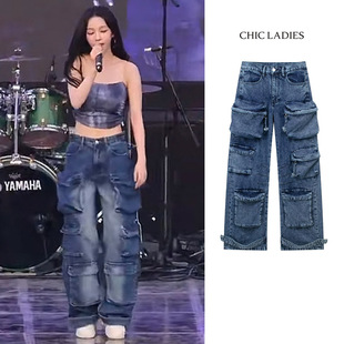 女秋街头直筒休闲裤 柳智敏同款 阔腿牛仔裤 美式 潮牌 复古多口袋工装