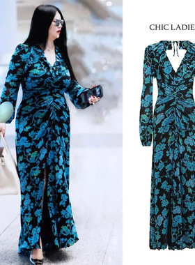 李湘同款复古蓝色碎花V领长袖连衣裙女露背设计感修身气质长裙子