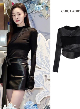 宋轶同款黑色网纱长袖T恤女辣妹修身内搭打底衫2025新款秋季上衣