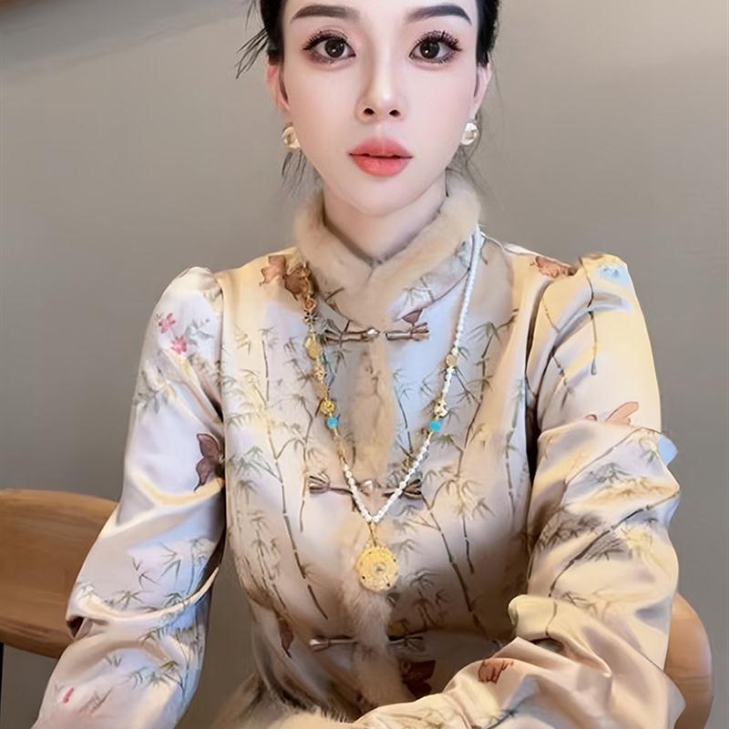 新中式衬衫女秋冬新款国风印花设计时尚衬衫毛绒拼接立领长袖上衣