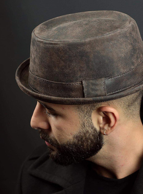 100% Leather Fedora Hat for Men Flat Pork Pie Hat Gentleman