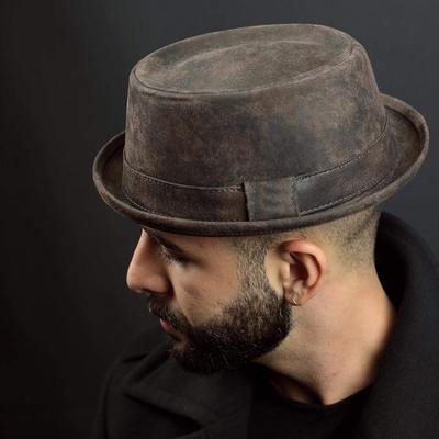100% Leather Fedora Hat for Men Flat Pork Pie Hat Gentleman