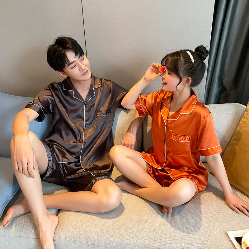 Solid Color Sleepwear Silk Satin Pajamas Couple Set Short Bu