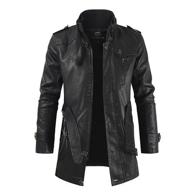 2021 new men's mid-length leather jacket with stand-up colla
