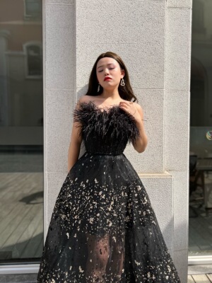 Black Luxury Feathers Long Arabic Evening Gown for Women Wed