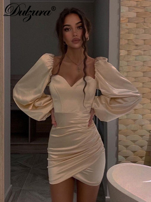 Dulzura Solid Women Satin Lantern Sleeve Mini Dress Slit Ruc