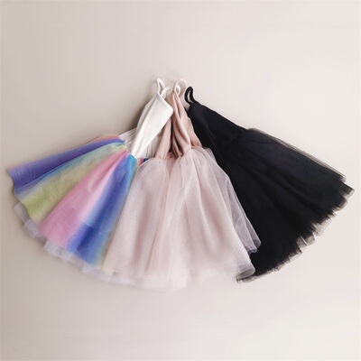 Girls Kids Dress Solid Dress Summer Rainbow Strap Skirts Bla