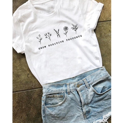 Grow Positive Thoughts T-shirt Vintage Women Floral Print Ts