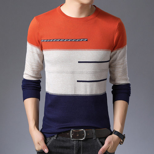 Autumn Winter Pullover Men Round Collar Striped  Cotton Swea