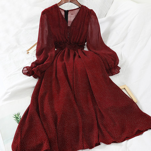 New Autumn V Neck Polka Dot Slim Chiffon Dress Button Puff S