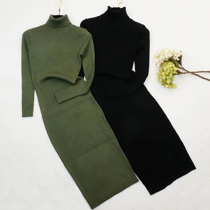 New Autumn Winter Women Knitted Dress Turtleneck Sweater Dre