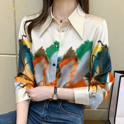 H Han Queen Office Lady Blusa Turn-down Collar Vintage Print