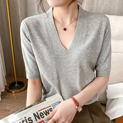 100% cotton thread low V-neck sweater loose plus size five-p
