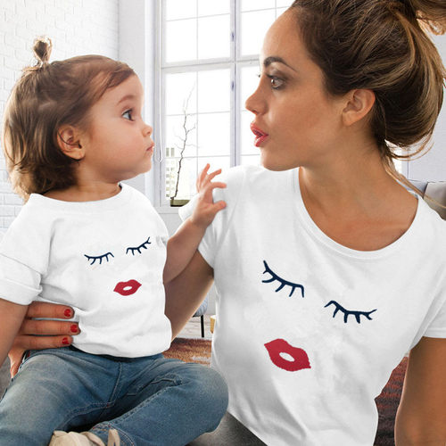 Eye Lashes Red Lips Print Women and Kids T-shirt Funny Famil