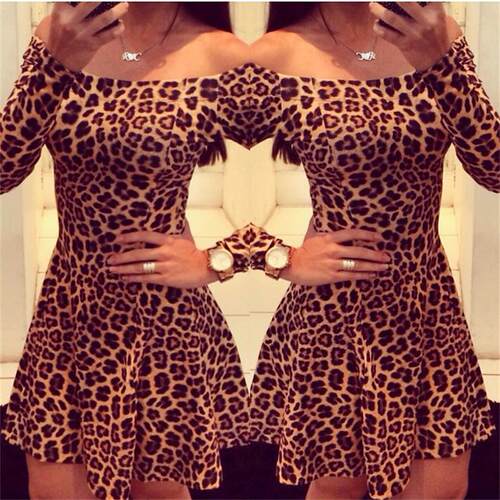 Sexy Leopard Long Sleeve Mini Women Dress  Summer Autumn Sex