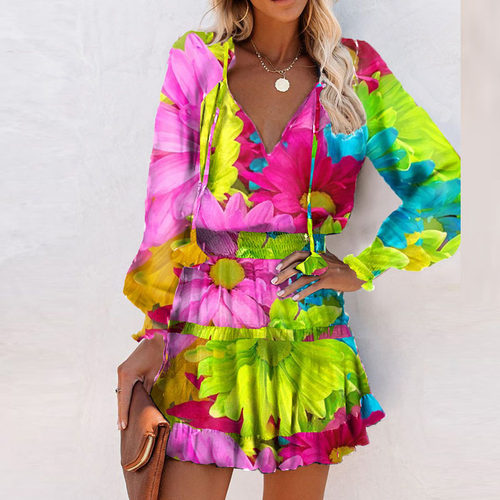 Fashion Vintage Colorful Floral Print Party Dress Women Spri