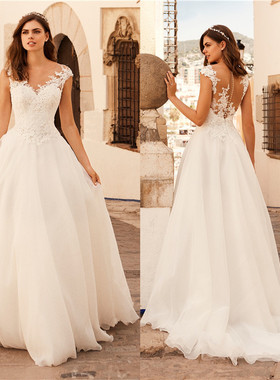 Ivory A-Line Wedding Dress Illusion Neckline with Applqiues