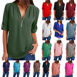 Big Size 4XL 5xl Women chiffon Tshirt V-neck Zipper irregula