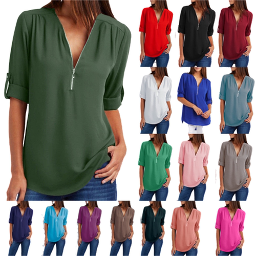 Big Size 4XL 5xl Women chiffon Tshirt V-neck Zipper irregula