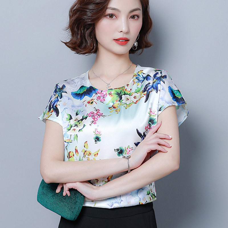 Fashion Silk Women Blouses Flower Print Satin White Women Sh