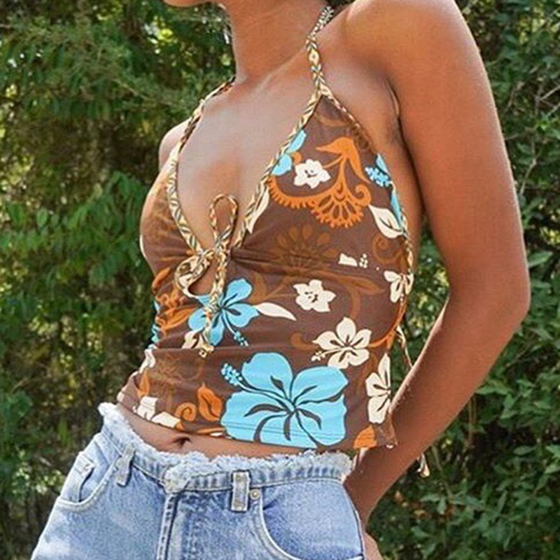 Vintage Y2K Bohemian Floral Print Crop Top Summer Beach Styl