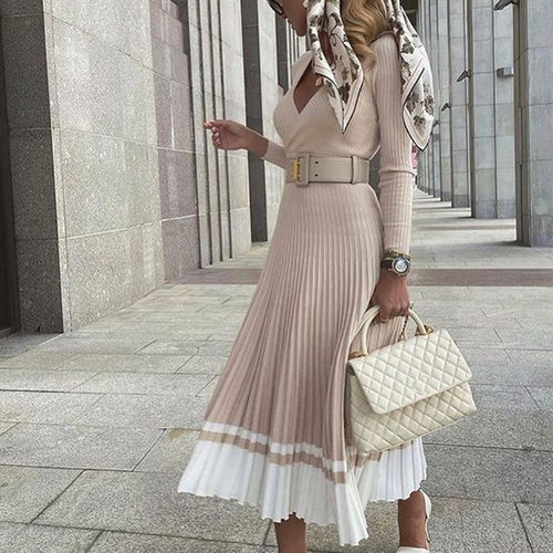 Women Knitted Pleated Dress Long Sleeves V-Neck Solid Lady S