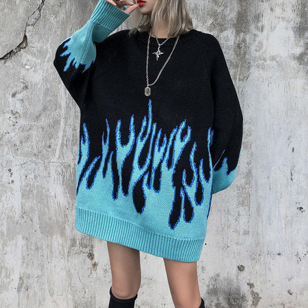 2022 new sweater female hip-hop style flame jacquard women's