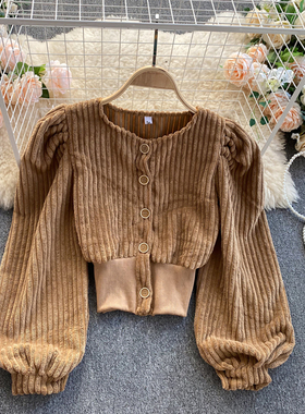 Autumn Winter Women Corduroy Blouse Vintage Round Neck Singl