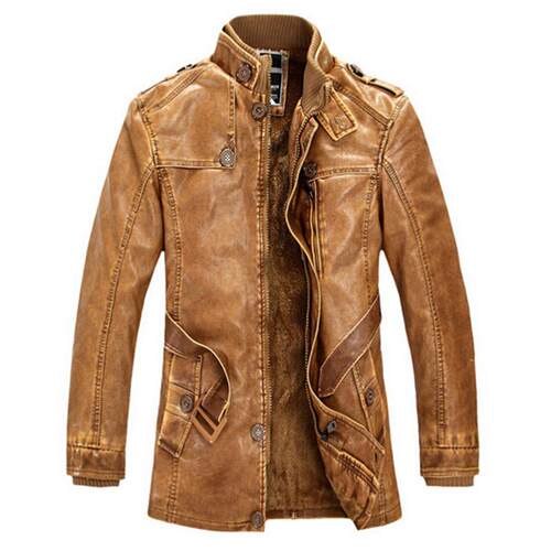 High Quality Leather Jacket Men Slim Warm Washed Leather Mot