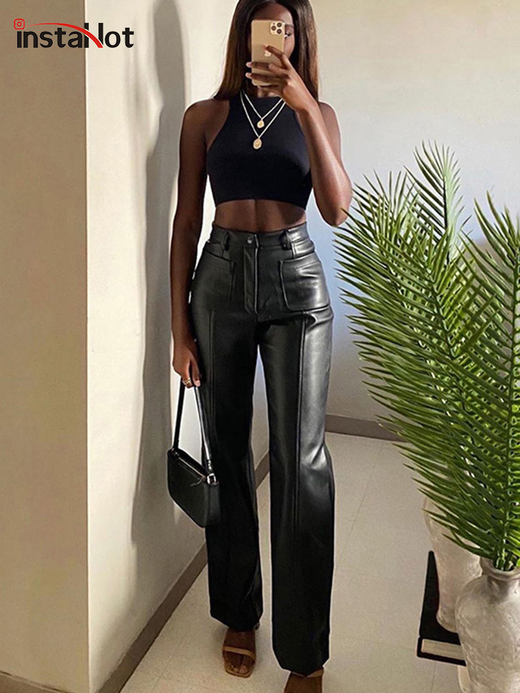InstaHot Women Faux Leather Pant Pockets Straight Pant Trous