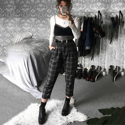 Plaid Pants Women Setwear Cool Girl High Waist Trousers hare