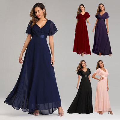 Beauty-Emily Simple Evening Dresses Elegant V-Neck Ruffles C