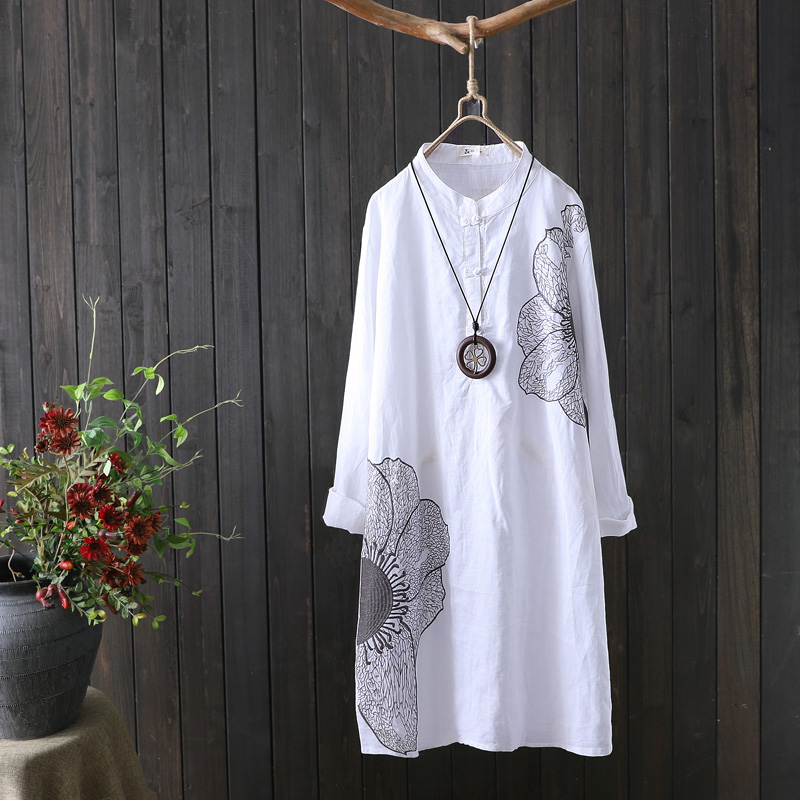 Women White Cotton Shirt Long Sleeve Embroidery Blouse Stand