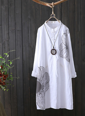 Women White Cotton Shirt Long Sleeve Embroidery Blouse Stand
