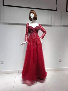 Red Generous Dubai Evening Dress for Women 2020 Long Sleeves