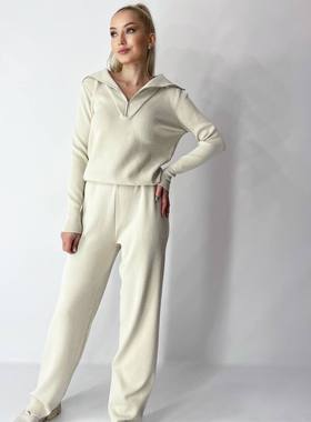 Zipper Pollo Collar Two PCE Knitted Sweater Set Loose Pants