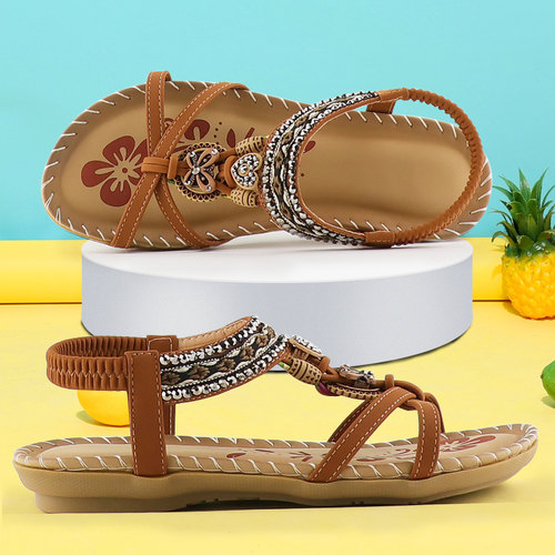 Rhinestone Sandals Ladies 2022 Retro Elastic Band Flat Summe