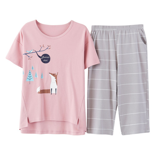 Newest Summer 100%Cotton Cartoon Women Pajamas Set Round Nec