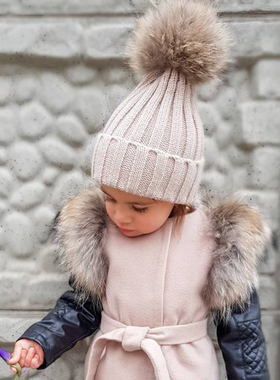 Big Fur Pom pom Beanie Hats Kids Girls Boys Warm Knitted Win