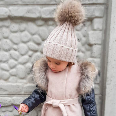 Big Fur Pom pom Beanie Hats Kids Girls Boys Warm Knitted Win