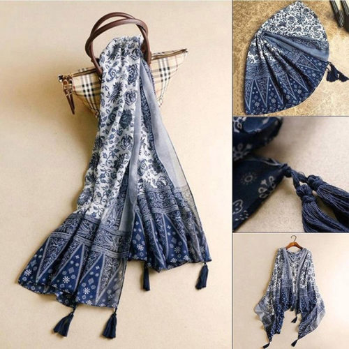 Casual New Beach Cover Up Pashmina Tassel Blue and white por
